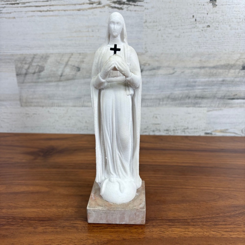 Virgin Mary Madonna Stone Resin with Marble‎ Base Statue 8" Tall